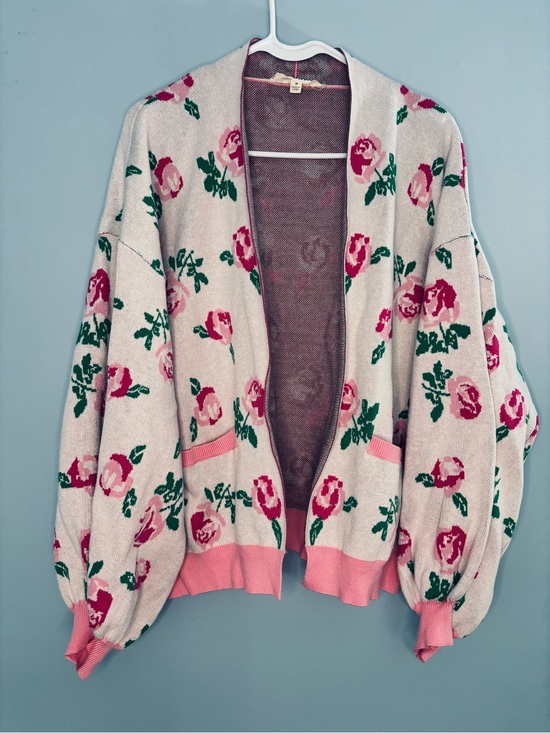 J.nna Sweaters - J.nna Knit Rose Floral Open Front Cardigan Pink Front Pockets Barbie Girly